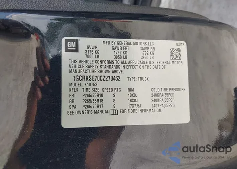 2012 Chevrolet Silverado 1500 Lt z USA, uszkodzony, nr VIN 1GCRKSE70CZ270462